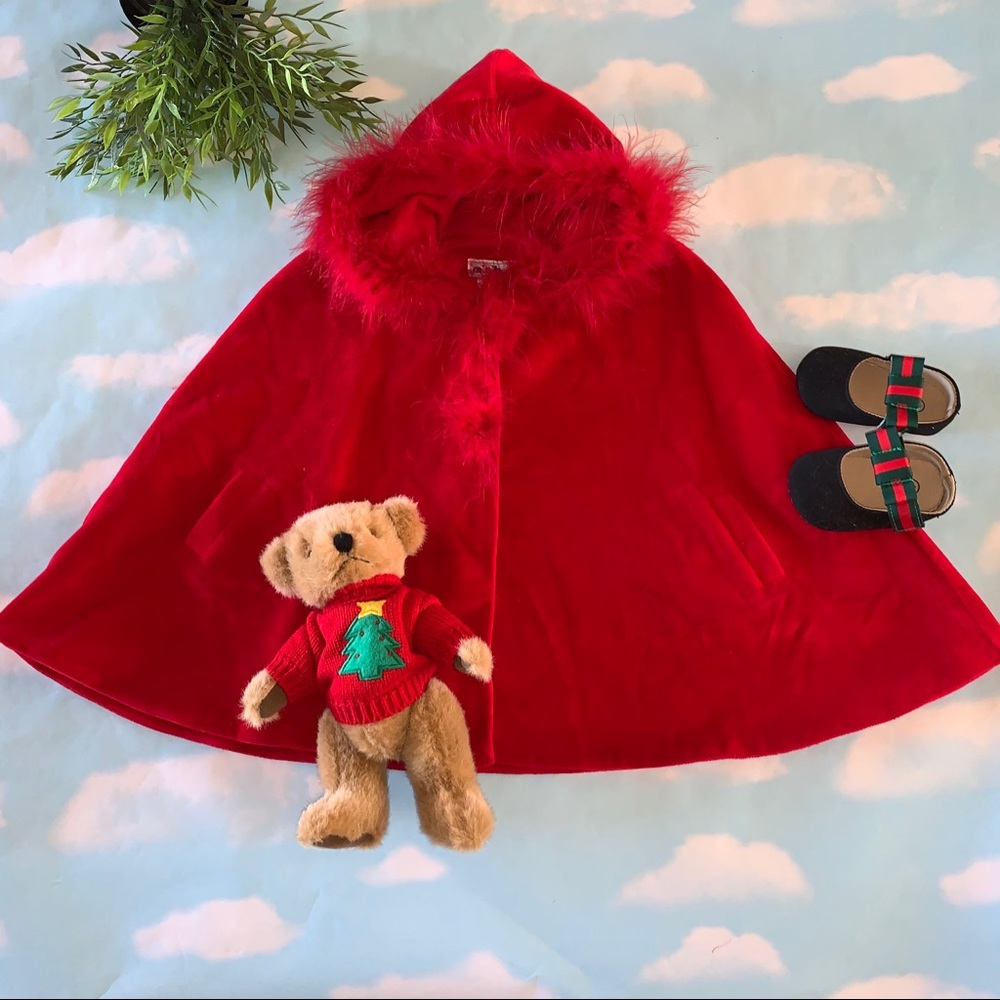 Elegant Rich Red Velour Feather Trim Cape 18-24M